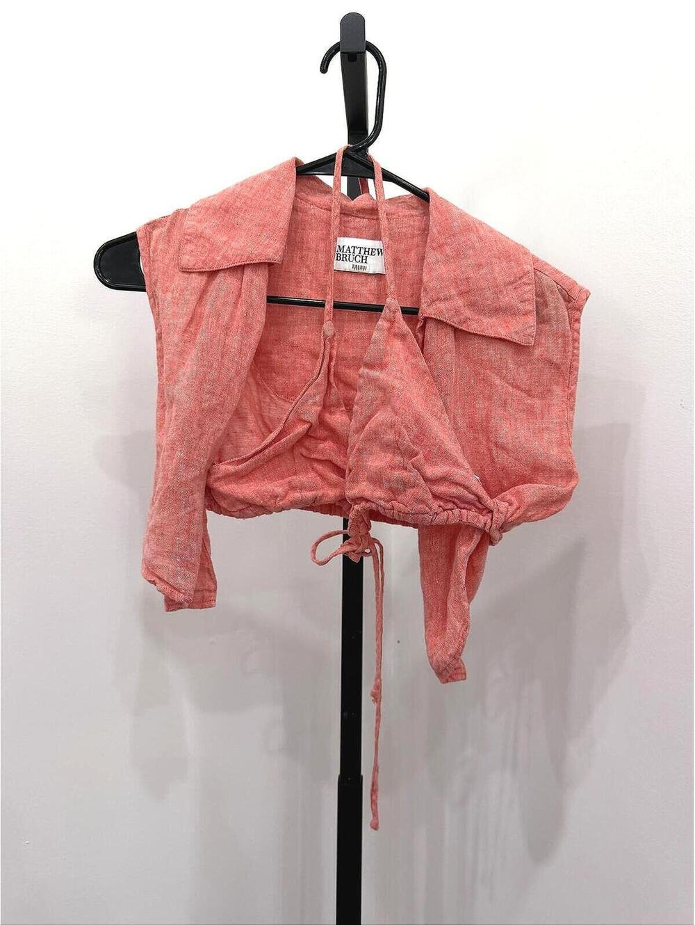 Matthew Bruch Coral Pink Linen Crop Top with Tie Detail Size 2